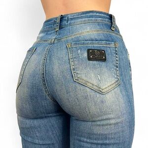 DESIGNER BRAND PHILIPP PLEIN DISTRESSED DENIM 
BLING BUTTON METAL BACK EMBLEM